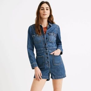 Madewell Denim Long-Sleeve Romper in Vasey Wash (size L)